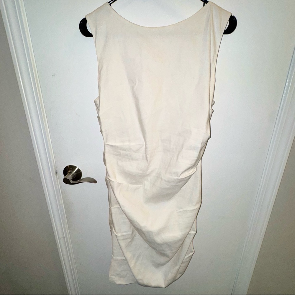 Artelier Nicole Miller Cream Ruched Midi Sleeveless Dress in Linen Blend